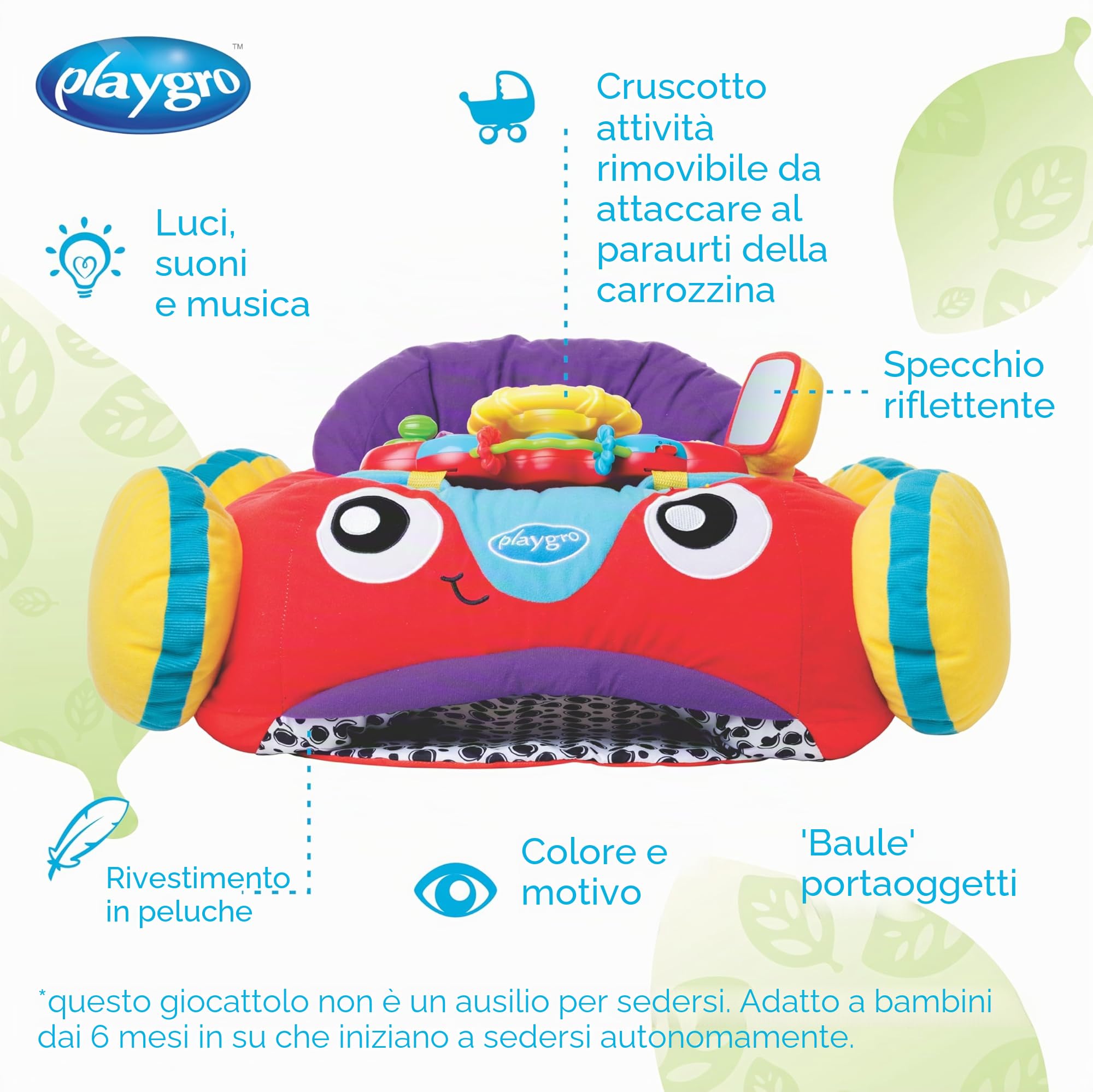 Playgro Auto In Peluche, in poliestere, Con Volante, Musica Ed Effetti Luminosi, Multicolore, 62 X 53 Cm, 40191