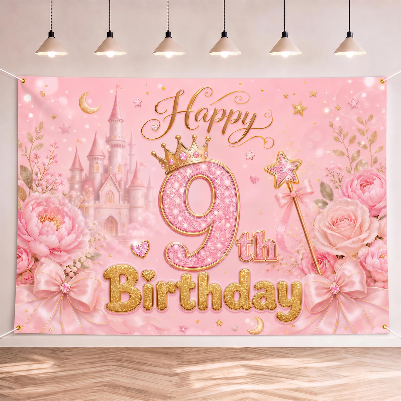 Geukmun Happy 9th Birthday Banner Backdrop for Girls Decorations 150x100cm