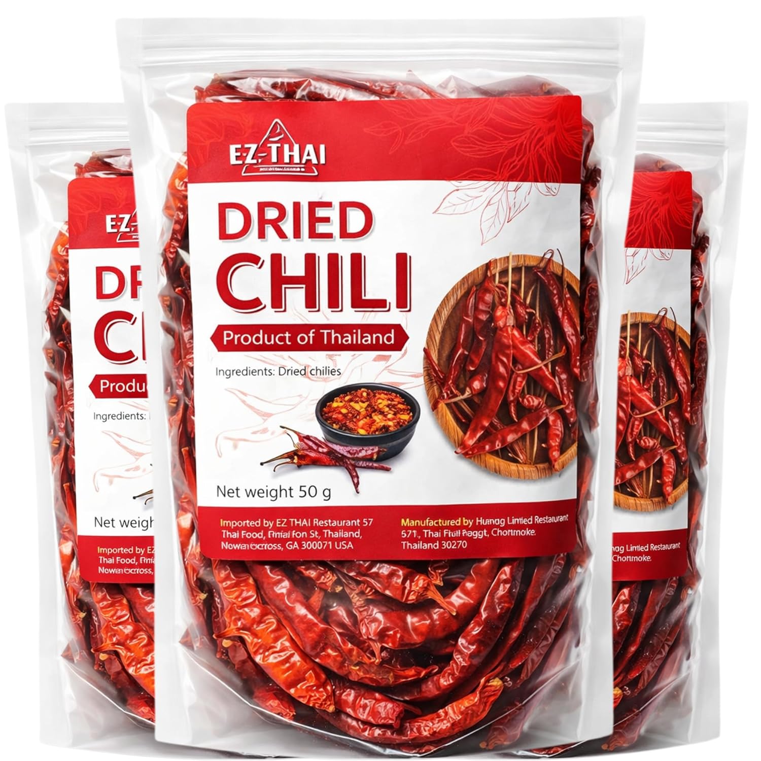 EZ THAI Value Pack 3 Whole Dried Red Chili Peppers (5.28 oz) - Chilli Pods, Seasoning for Tom Yum Soup, Curry Paste, Nam Jim Jaew Sauce, Pad Krapow, Larb, Thai Cooking, Thai Papaya Salad (Somtum)