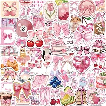 50PCS Pink Aesthetic Stickers Holographic Coquette Cute Stickers Pink Party Favors Bow Tie Decorations Laptop Vinyl Waterproof Sticker Pack