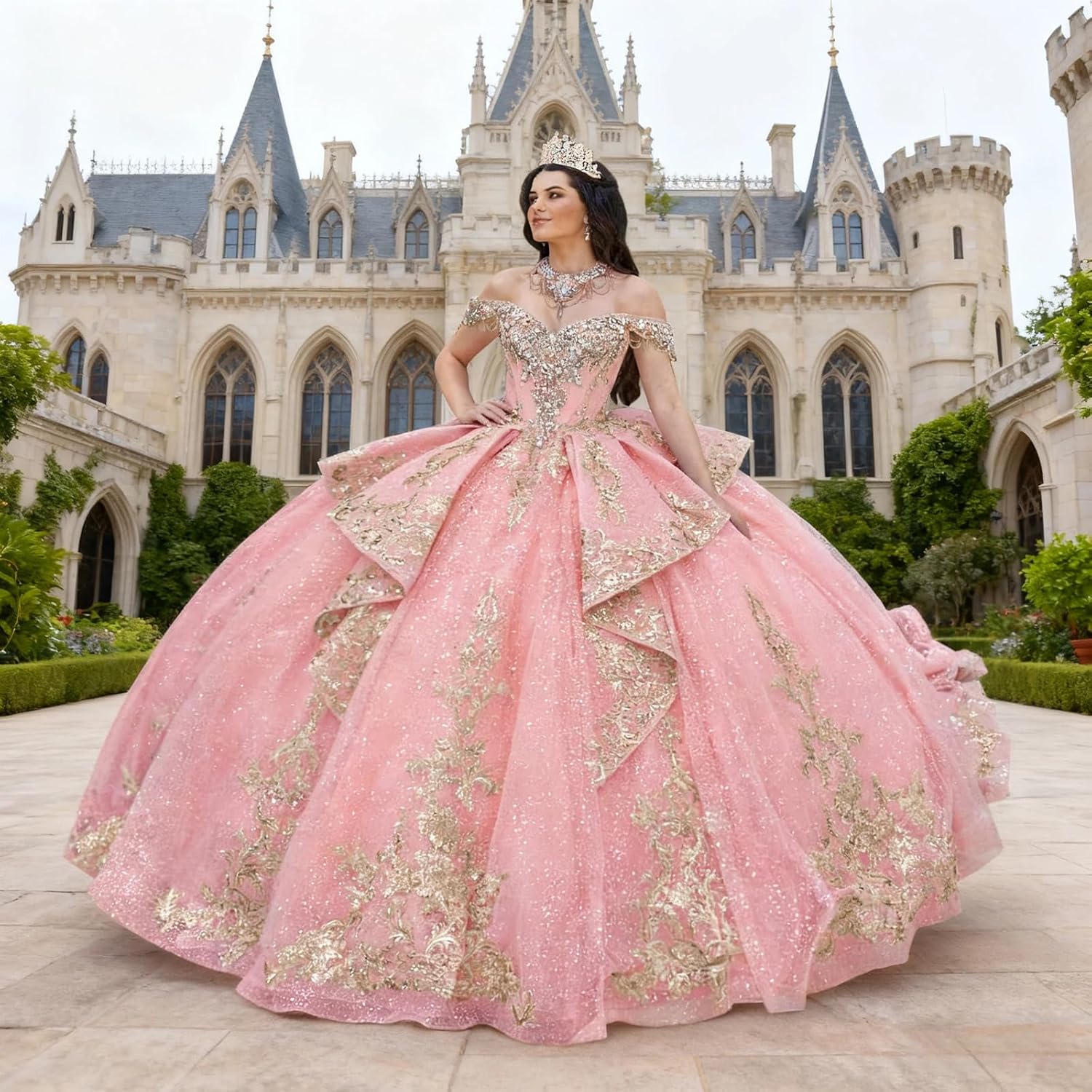 Zhangyo Off Shoulder Quinceanera Dresses with Bow Puffy Tulle Sweet 15 16 Dress with Train Gorgeous Tassel Applique Ball Gown