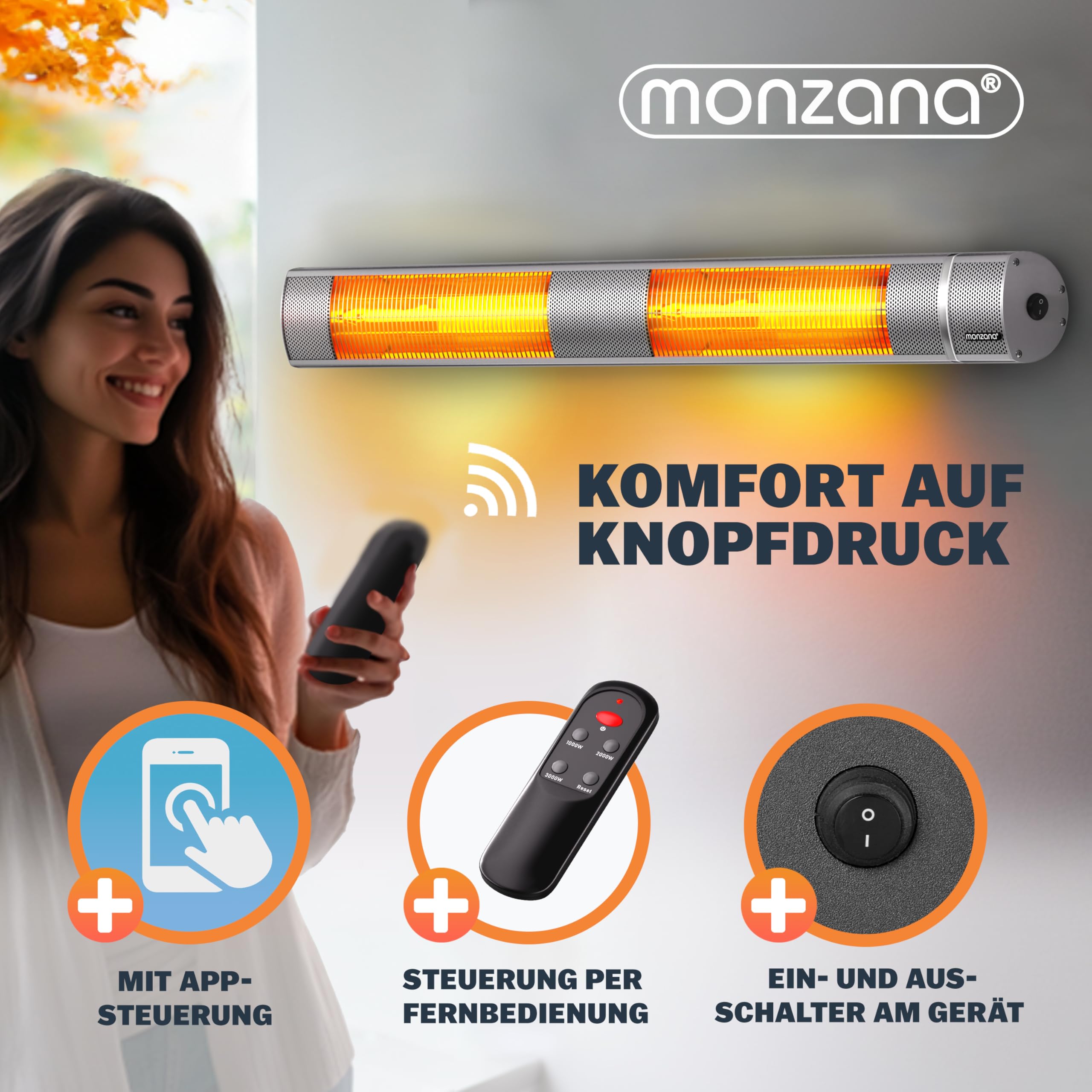 MONZANA® Infrarot Heizstrahler Goldröhre 3000W App Steuerung 3 Stufen Fernbedienung Outdoor Wärmestrahler Terrassenheizer Terrassenstrahler Silber