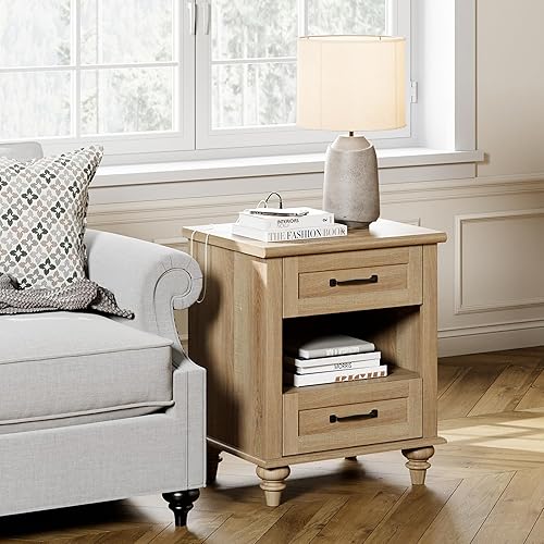 Miniatura 48 de WAMPAT Mesita de noche de ratán con estación de carga, mesa auxiliar de madera clara con 2 cajones para sala de estar, mesita de noche rústica para