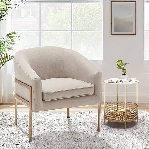 Aklaus Sillas de barril moderna con patas de metal dorado tapizadas para lectura, silla de club con asiento extraíble, acogedora silla Sigle, sillón