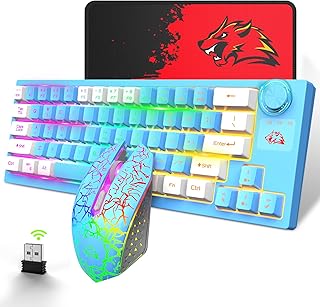 2.4G Wireless Keyboard and Mouse Set 4000mAh Rechargeable USB Receiver LED RGB Backlit Compact Color block keycaps Multifunction Knob Control Button+2400 DPI Rainbow Backlight Quiet Mouse for PC Xbox