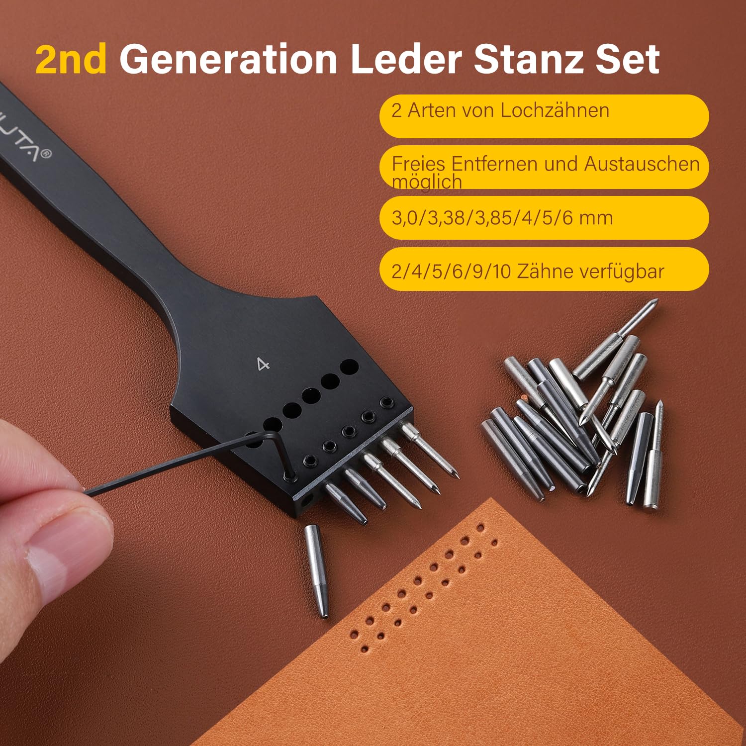 WUTA 2. Generation Leder Zinken Stanze Set mit Austauschbarem Meißelkopf & Runden Hohlkopf- DIY Lederverarbeitung Set(4mm-2+4+6)
