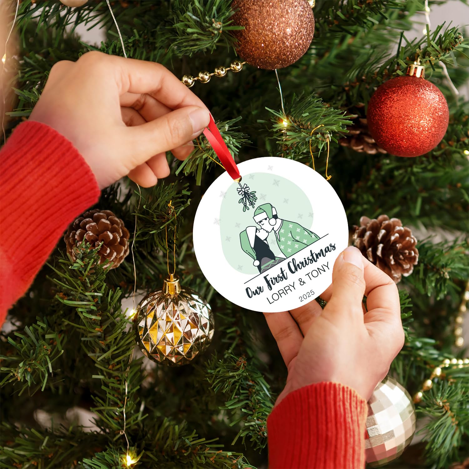 Soul Décor Our First Christmas 2025 Ornament, Custom Name for Newlyweds, Couple, Him, Her, Christmas Decor Gift Velvet Pouch and Red Ribbon Included, Velvet Pouch Included, 3.75" ACM Made in The USA