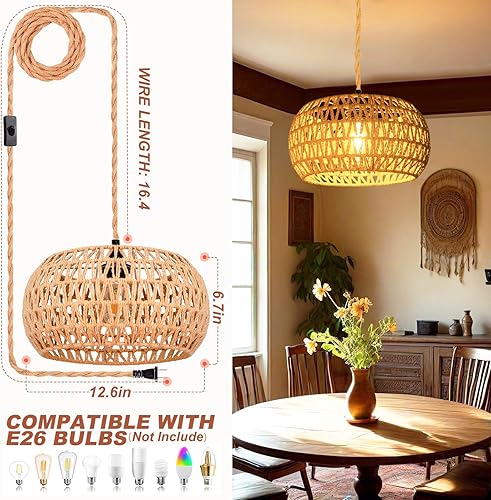 Miniatura 4 de Luces colgantes con cable enchufable, lámpara colgante de ratán, lámparas de techo bohemias, lámpara colgante de granja con forma de lámpara para