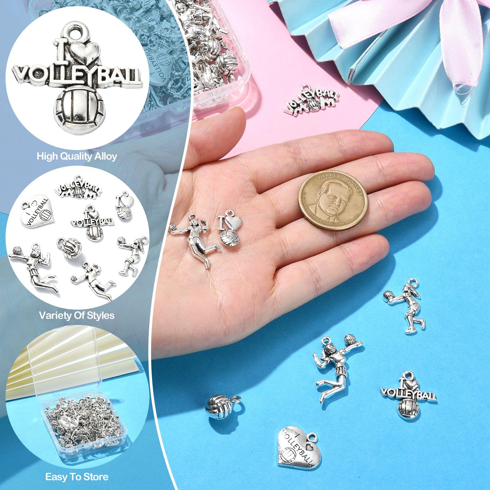 UR URLIFEHALL 80 Pcs 8 Styles Sport Theme Tibetan Silver Volleyball Charms Sport Ball Charms for Necklace Bracelet Jewellery Crafts - Image 3