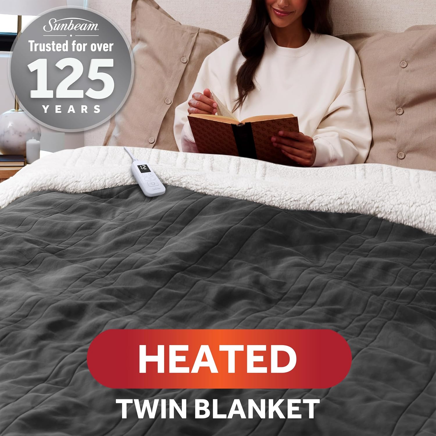 Sunbeam Electric Royal Luxe Microplush Reverse Sherpa Heated Blanket, 12 Heat Settings, 12-Hour Selectable Auto Shut-Off, Fast Heating, Warm and Cozy, Night Fog color, Twin, 84" x 62" Night Fog Twin Heated Blanket