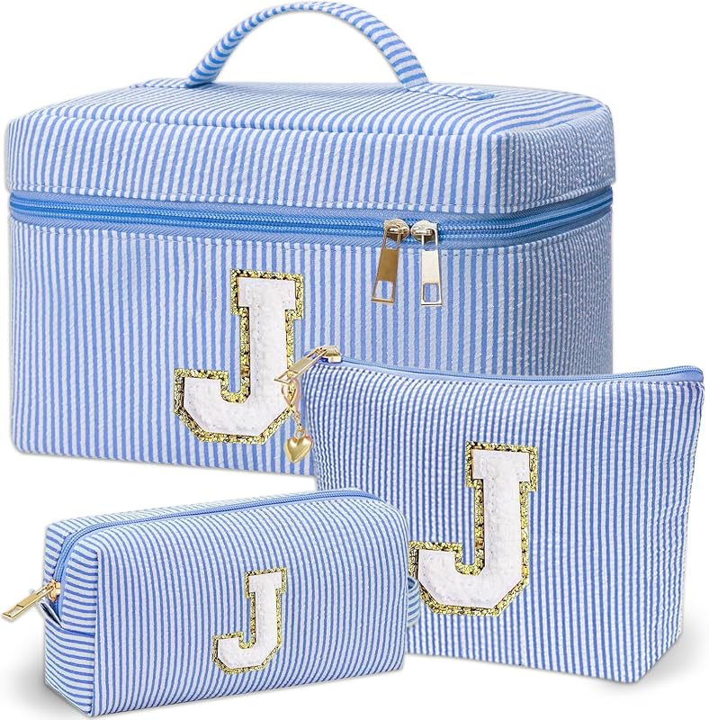 Necessaire de maquiagem com monograma Adoryoung, 3 peças, estilo J, azul