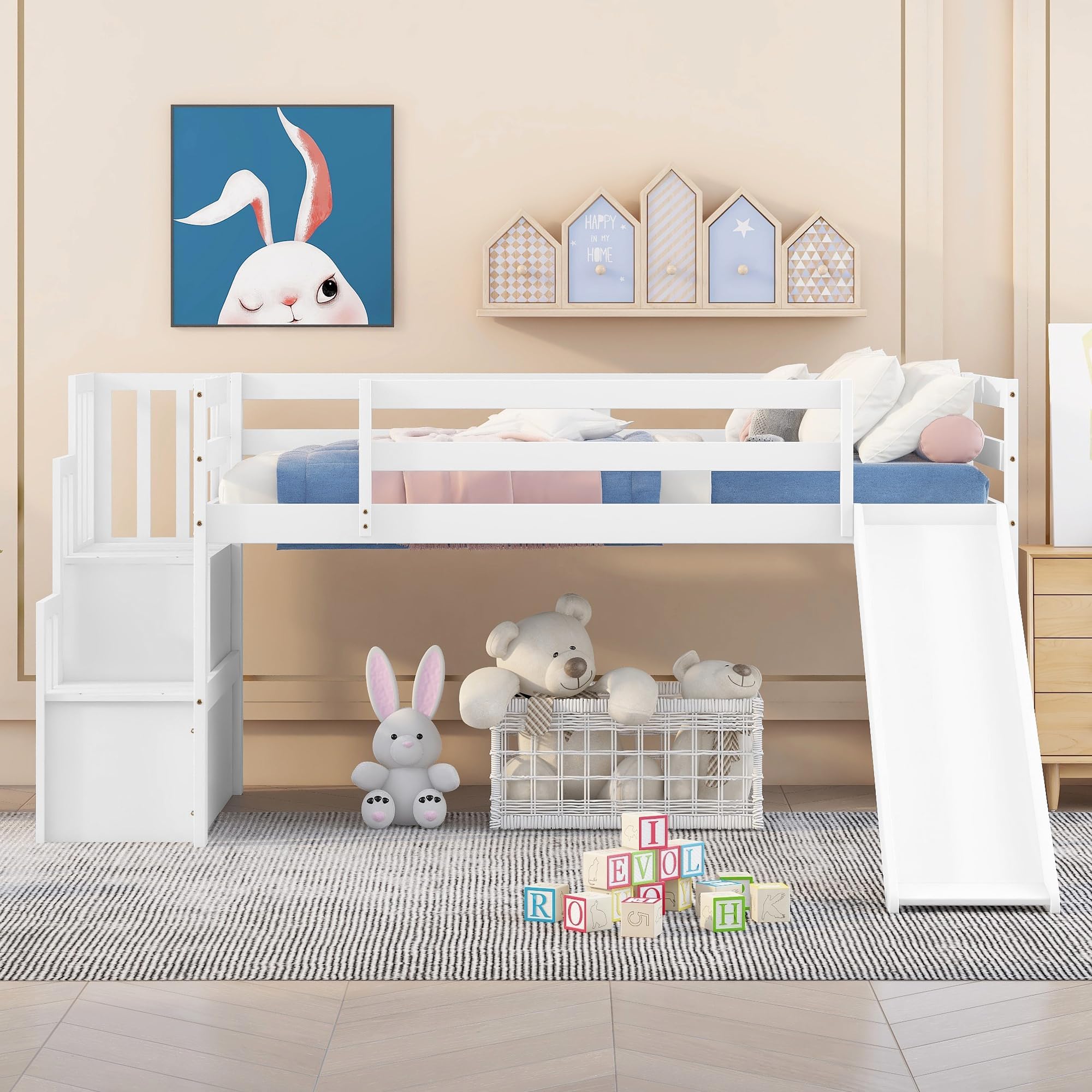 Bellemave Low Loft Bed for Kids,Twin Size Loft Bed with Slide and Storage Staircase,Wood Loft Bed Frame for Boys Girls Teens(White)
