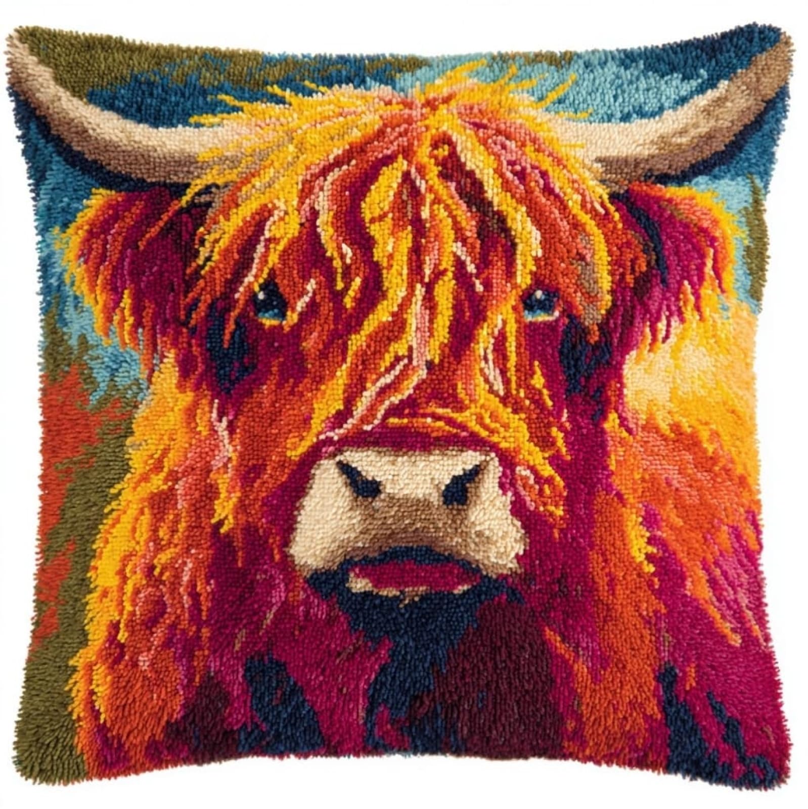 AxiangziK Latch Hook Pillow Kit for Adults,Highland Cattle Latch Hook Cushion Kits 17X17Inch,DIY Needlework Pillow Cover Sofa Cushion Rug Making