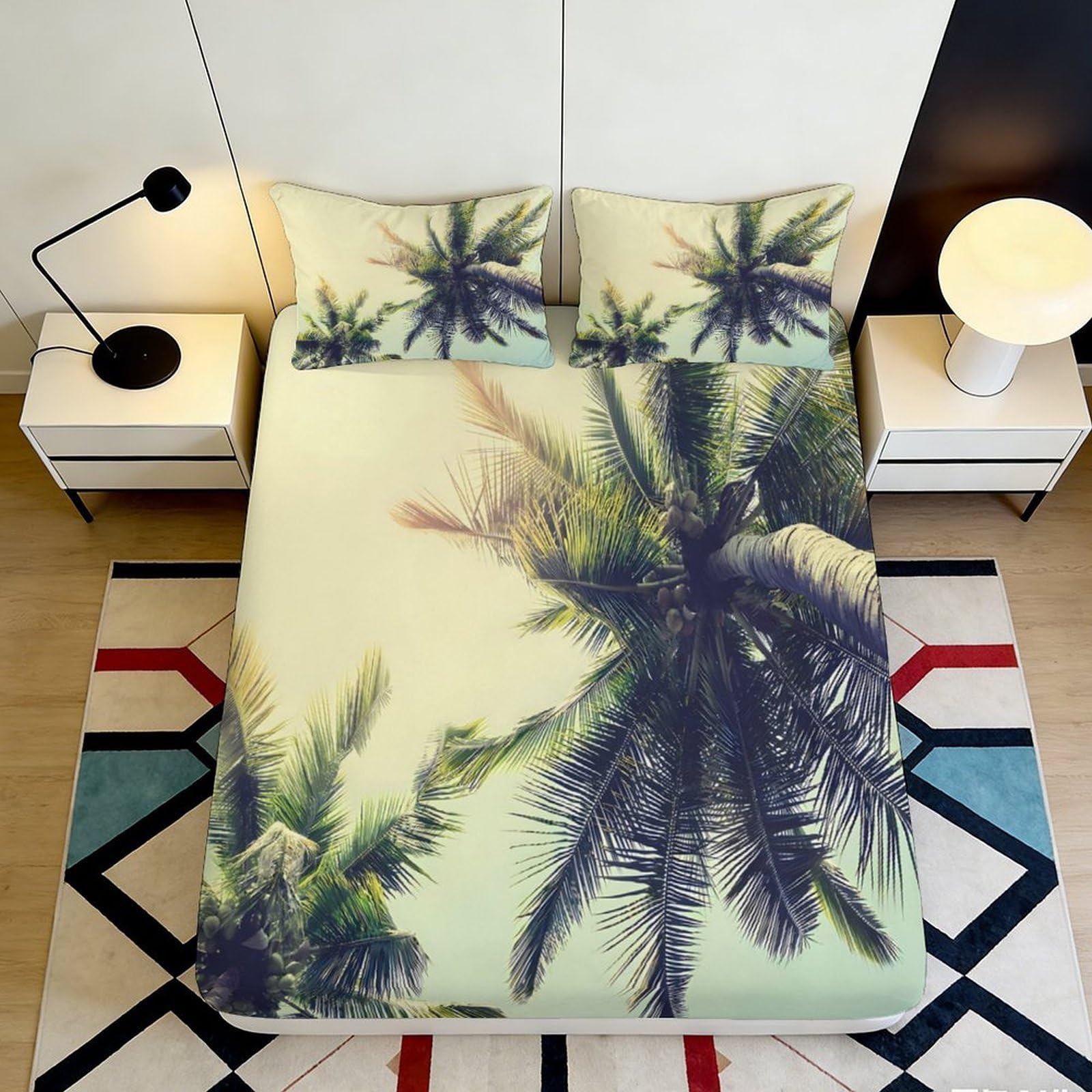 3D Printed Palm Tree Fitted Sheet Microfiber Soft Green Tropical Sunset Mattress Cover for Bedroom Guest Room Easy Care 90x200x25cm