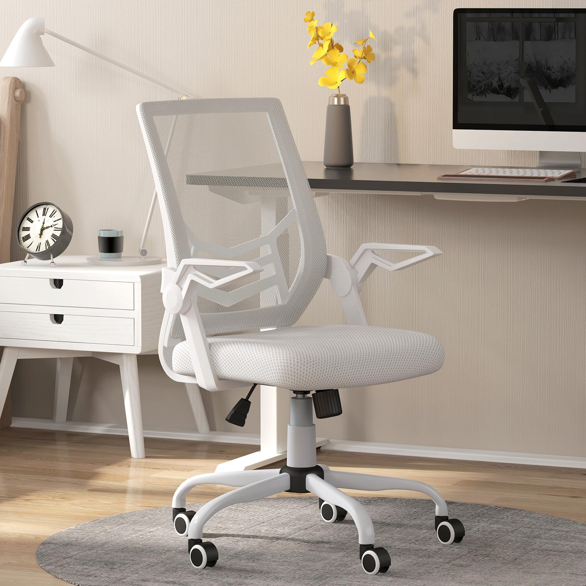 Vinsetto Office Chair w/Flip-up Armrest Mid Back Mesh Back White