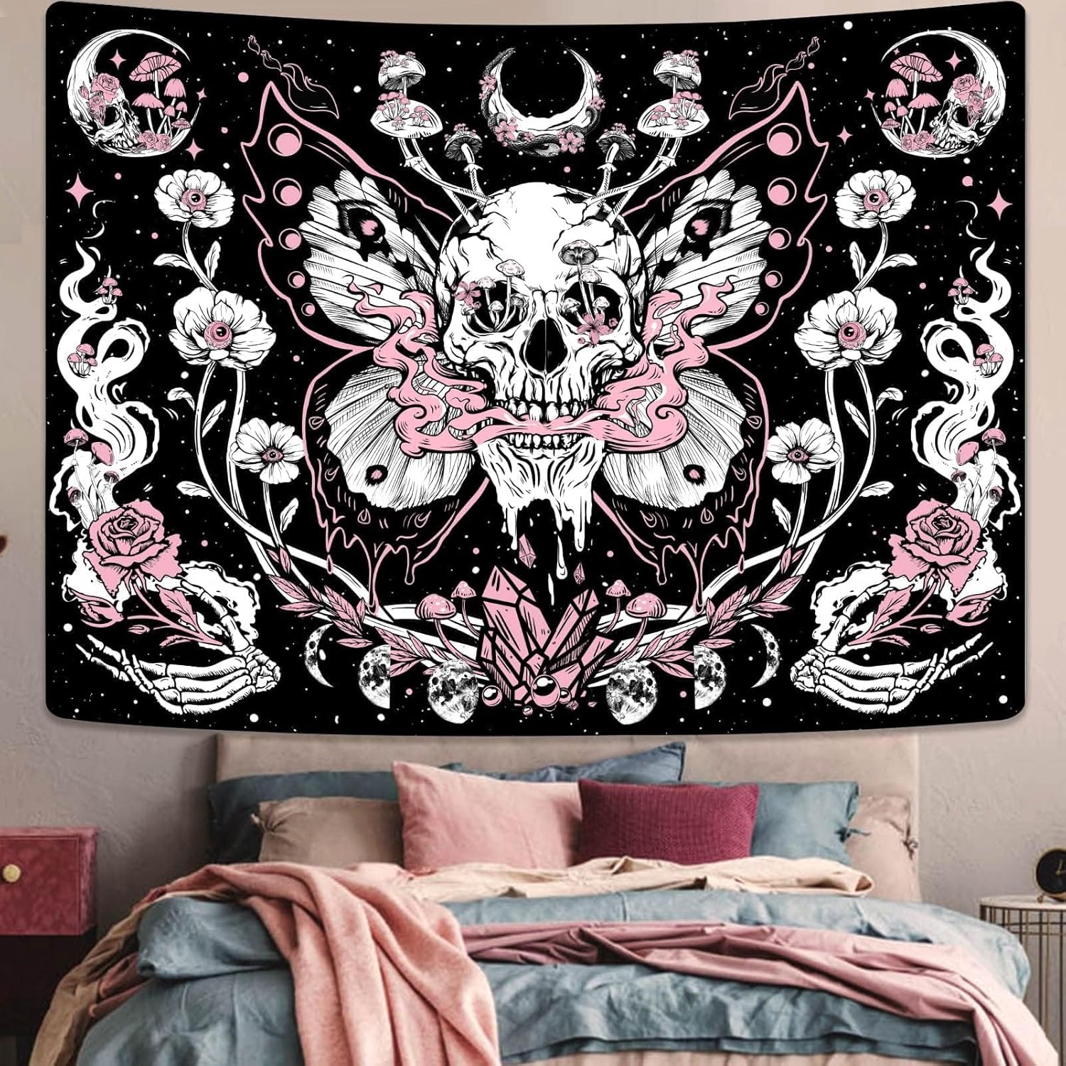 Kanuyee Skull Butterfly Tapestry, Gothic Floral Tapestry Wall Hanging For Bedroom Pink Room Decor For Bedroom and Living Room Pink Skull 70×90 Inches