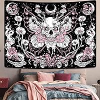 Vista 3 de Kanuyee Tapiz de calavera y mariposa, tapiz floral gótico para colgar en la pared para dormitorio, decoración de habitación rosa para dormitorio