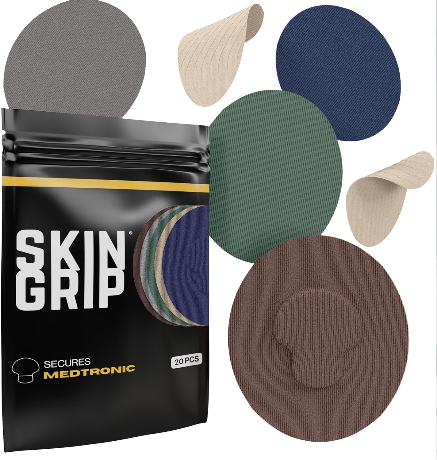 Skin Grip CGM Sensor Patches Compatible with Medtronic Guardian (20-Pack), Waterproof & Sweatproof for 10-14 Days, Pre-Cut Adhesive Tape, Continuous Glucose Monitor Patch, Basics Pack