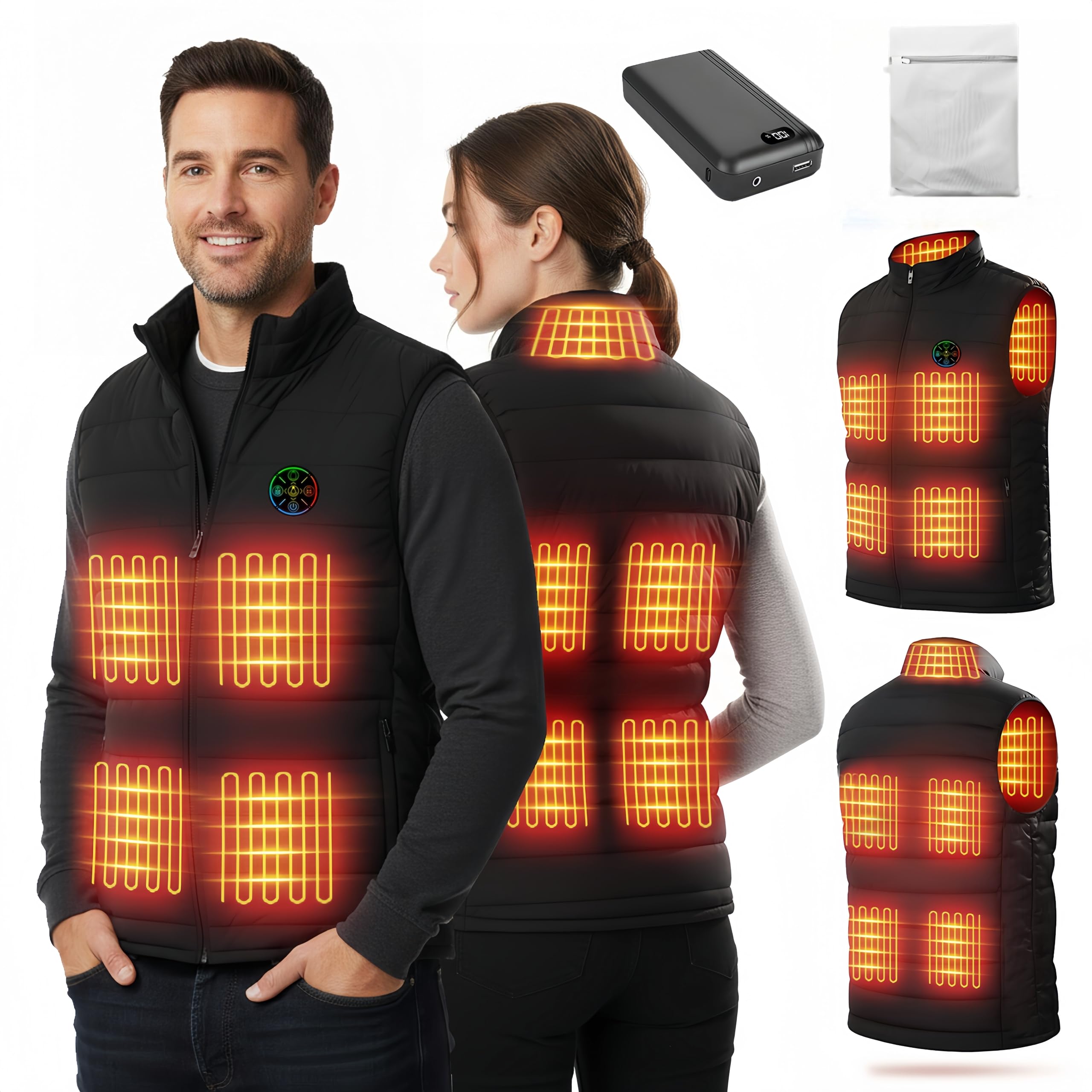 Gilet riscaldato per uomo e donna, Power Bank, 9 zone di riscaldamento e 3 livelli di temperatura regolabili, lavabile, senza maniche, con colletto alla coreana e borsa per la biancheria, per sport