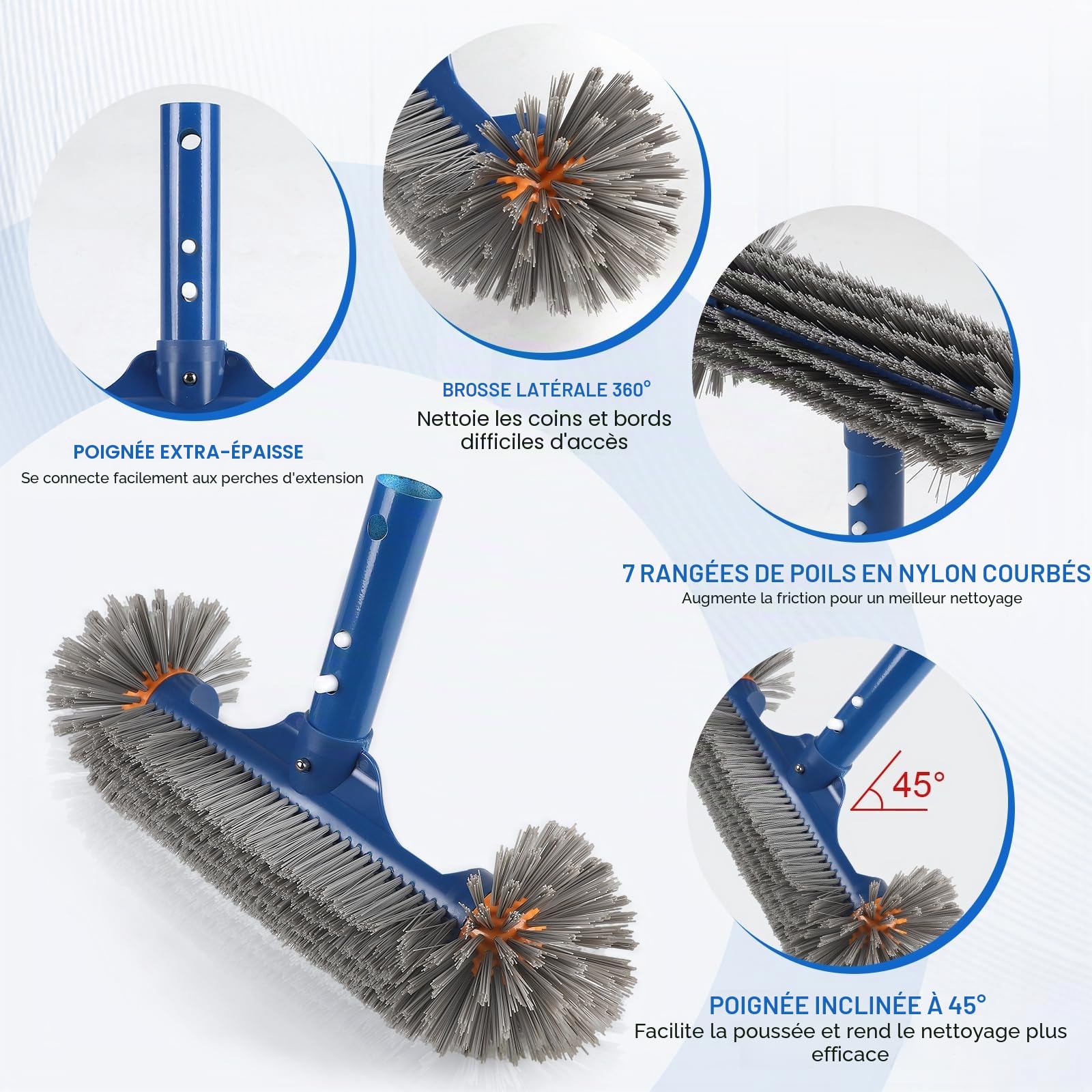 EFUTURETIME 32cm Brosse Piscine Ronde avec 2,7m Manche Telescopique Aluminium pour Liner, Balai Piscine Détachable Brosse Piscine Fond Robustes pour Fibre de Verre, Salles de Bain, Marches de Piscine