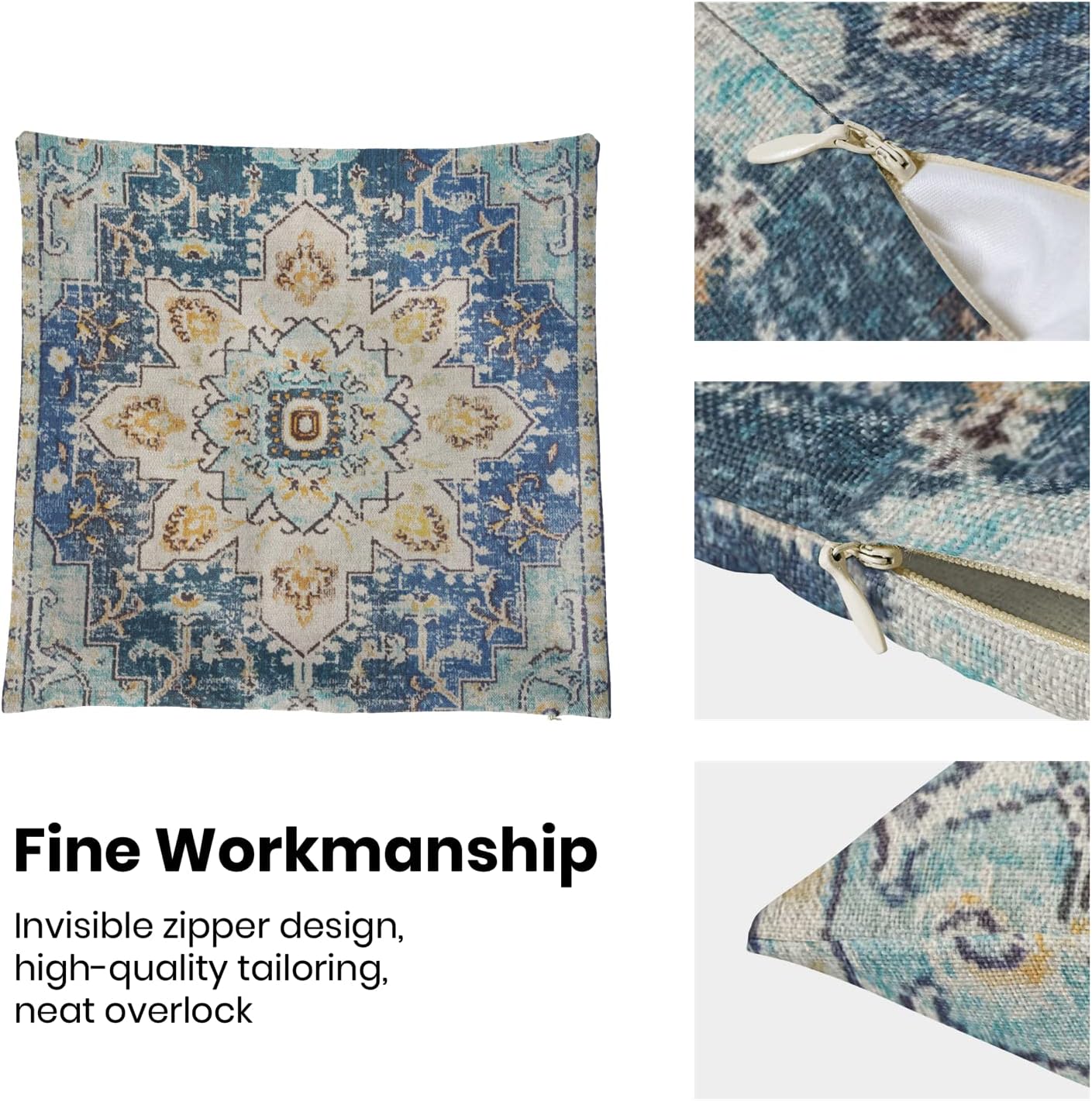 Boho Pillow Covers 18x18 Set of 2, Blue Yellow Carpet Pattern Decorative Throw Pillows Linen Ethnic Design Farmhouse Cushion Pillow Covers for Sofa Couch Outdoor Decor - Image 5