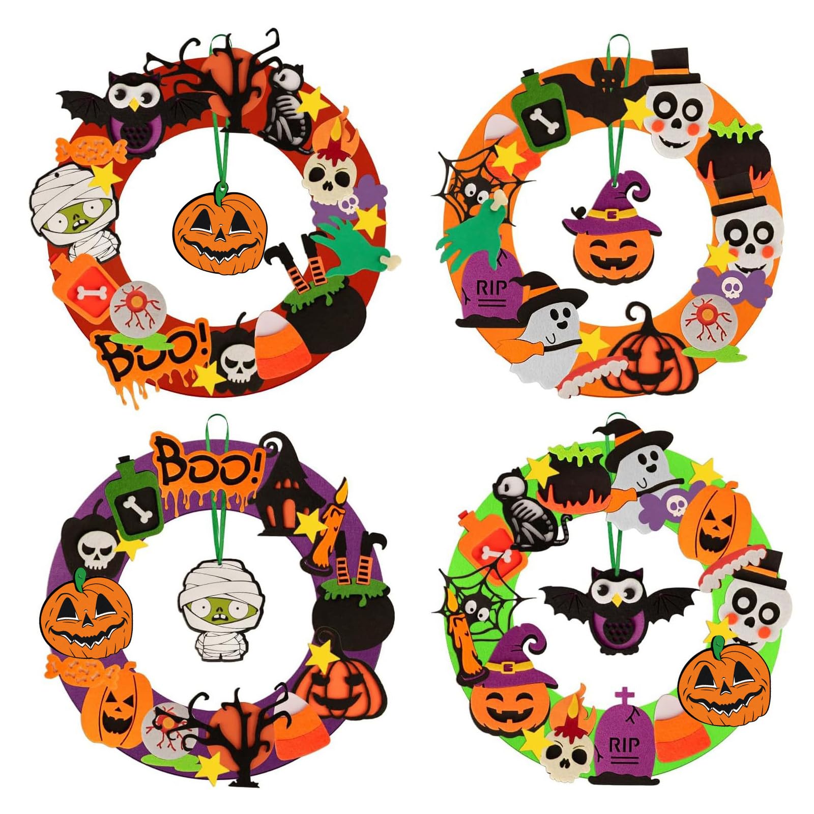 4 Pcs Halloween Felt Wreath Stickers Set, DIY Decor for Kids Party