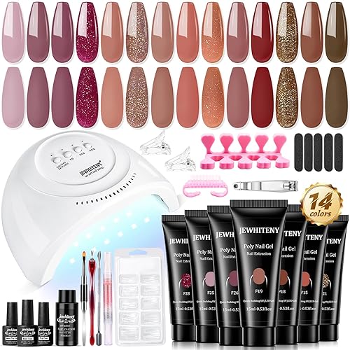 Miniatura 1 de JEWHITENY Kit de extensión de uñas de polietileno con lámpara LED, 14 colores transparente, rosa, rojo, azul, nude, constructor de gelatina, juego