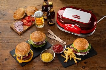 Ariete Party Time Hamburger Makinesi Kırmızı 0205/00 - Hamburger Maker, 1200 Watt, Çift Yapışmaz Plakalar, Aynı Anda Üst Plakada 2 Sandviç Ekmeği Isıtma, Alt Plakada Köfte Pişirme Özelliği