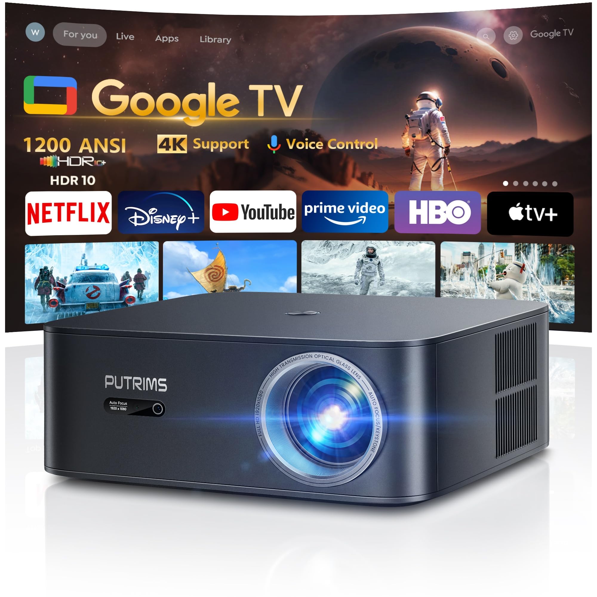 【Netflix Disney+ Licensed in Google TV】Projector 4K Support,1300ANSI Smart Auto Focus/Keystone FHD 1080P Projector Google Voice Control,WiFi6 Bluetooth 50% Zoom 300'' Video Projectors for Home Outdoor