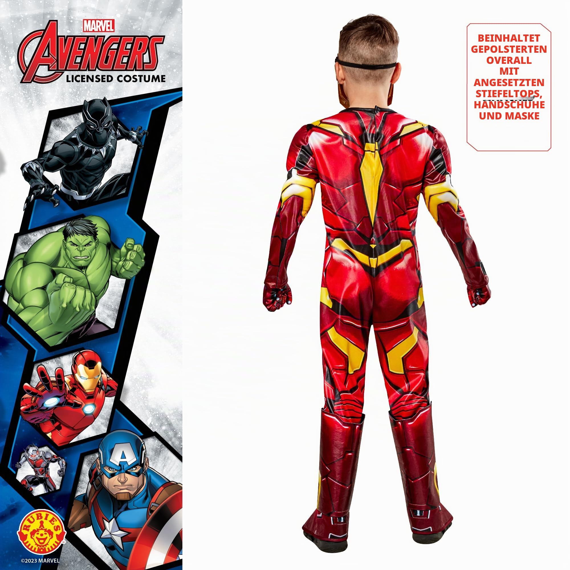 Rubies Iron Man Premium Kostüm für Jungen und Mädchen, Jumpsuit mit 3D-Rüstung und Reaktor, Stiefelstulpen, Maske und Handschuhen, Offizielles Marvel Kostüm für Karneval, Halloween, Geburtstag,
