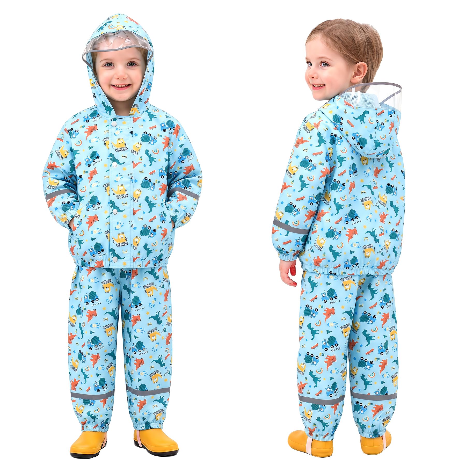 Chubasquero Niño Niña Ligero Conjunto Impermeable con Capucha y Reflectante Estampado Chaqueta Lluvia & Pantalones Traje de Lluvia Abrigos, Exteriores Ropa para Infantiles 1-7 años