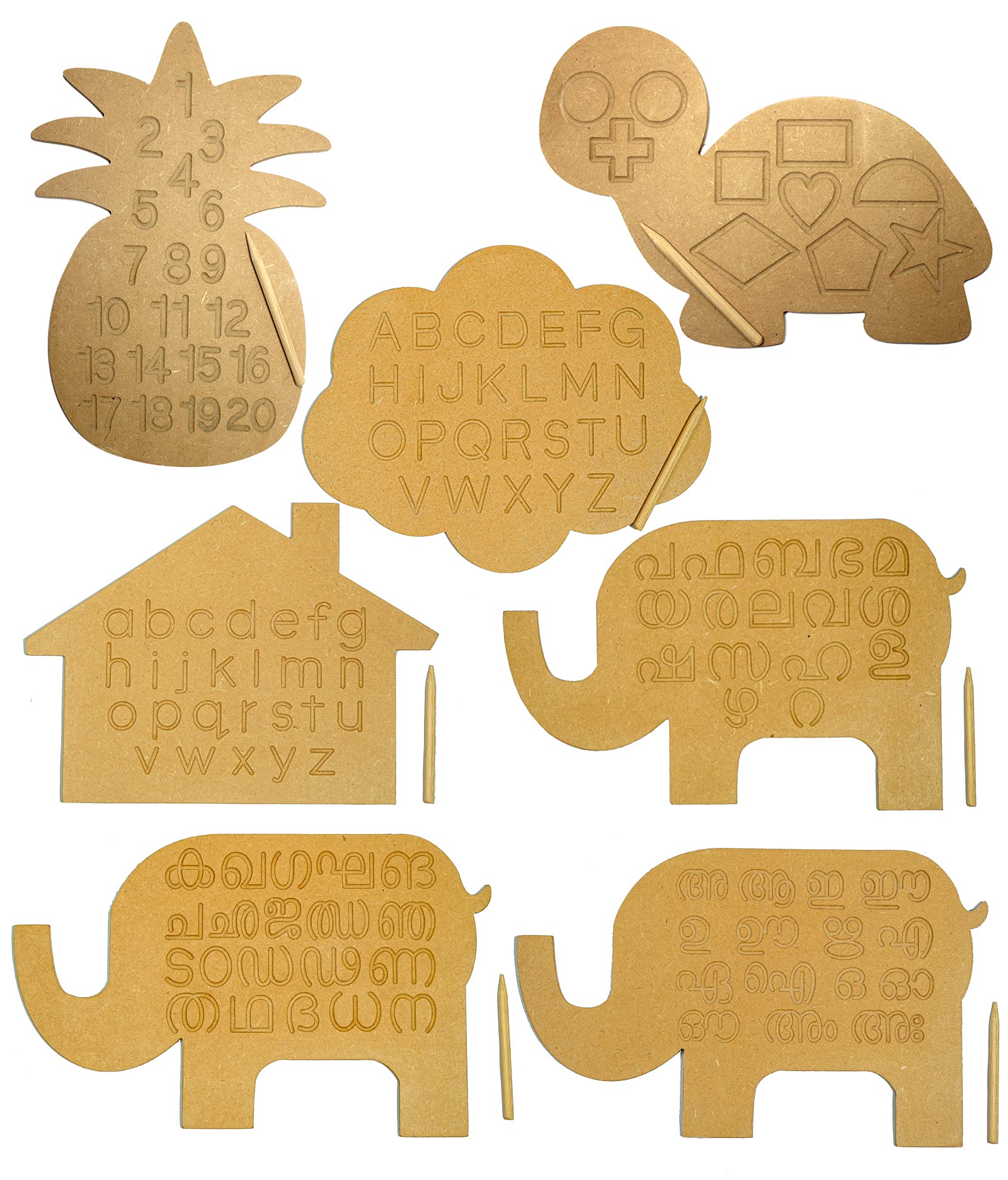 Whittlewud Set of 7 Alphabet Tracing Boards for Kids, Malayalam Tracing Boards to Improve Handwriting, Montessori Wooden Preschool Learning Toy