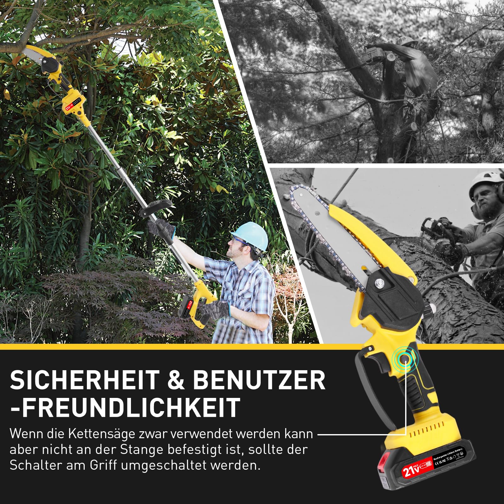 2-in-1 Akku-Astschere & Hochentaster mit Teleskopstiel – 21V,2x2000mAh,2600W – ausziehbar bis 1,72m,Edelstahl+ABS – multifunktionales Astsäge-Set für Baumschnitt,Heckenschnitt & Gartenpflege.