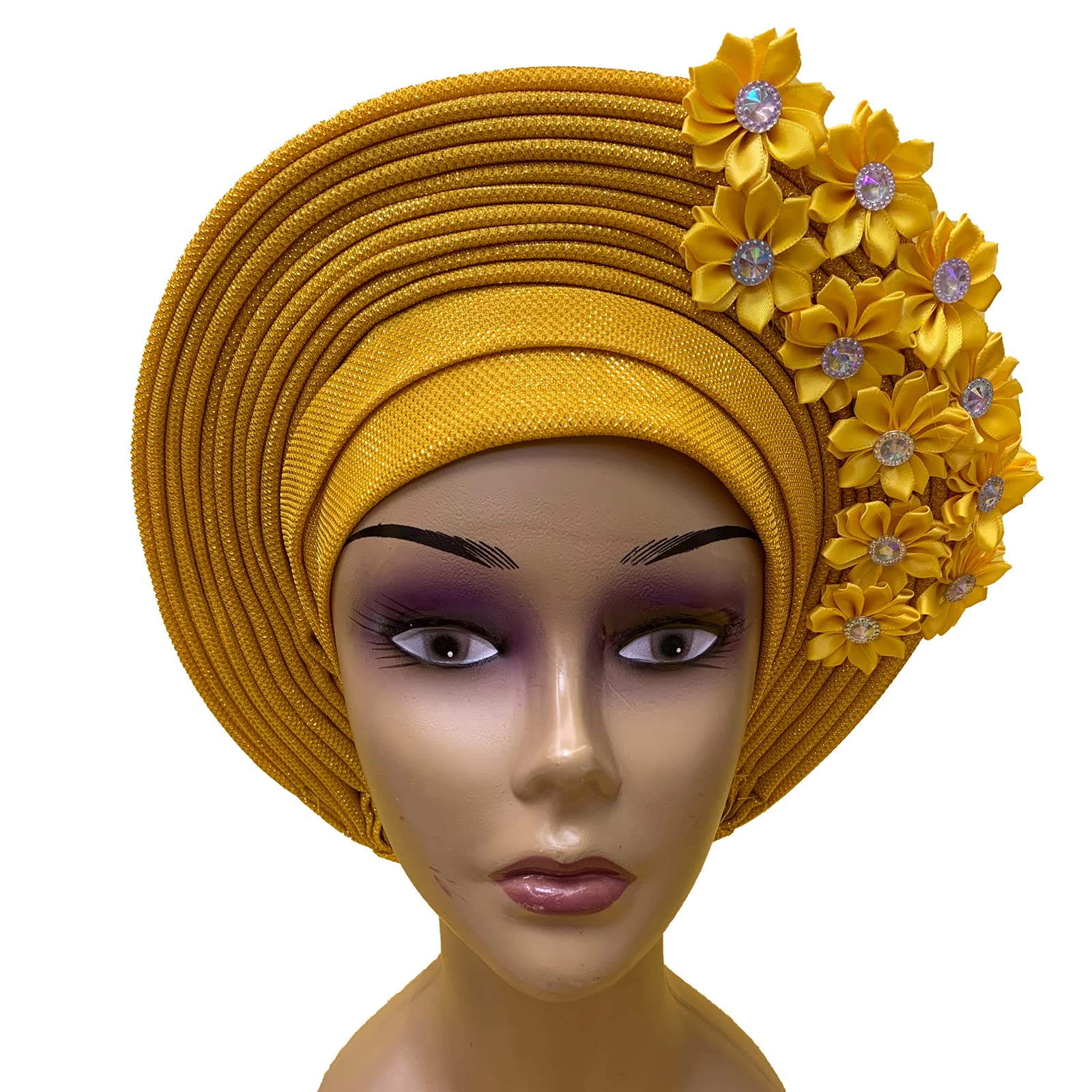 Women's Golden,Yellow African Headtie Turban Nigerian Muslim Headwear Gele Head Wrap Auto Gele Headties Already Made Headband For Party, One Size
