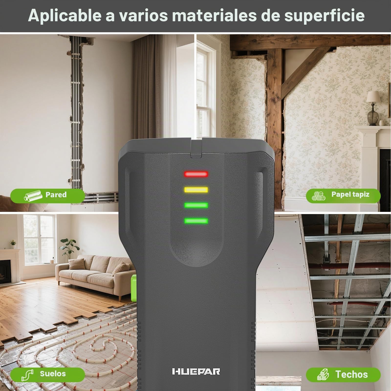 Detector Madera y Tuberias,4-1 Detector de Pared Huepar, con luz indicadora LCD de Cuatro Niveles y Zumbador, Detecta Madera, Metal, Tuberías de Agua de PVC y Materiales No Metálicos en Paredes WS02