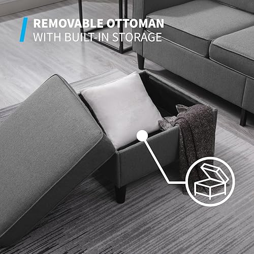 Miniatura 4 de Mjkone Juego de muebles de sala de estar de 4 piezas, moderno juego de sofá convertible tapizado con bolsillos laterales y otomana de Gris