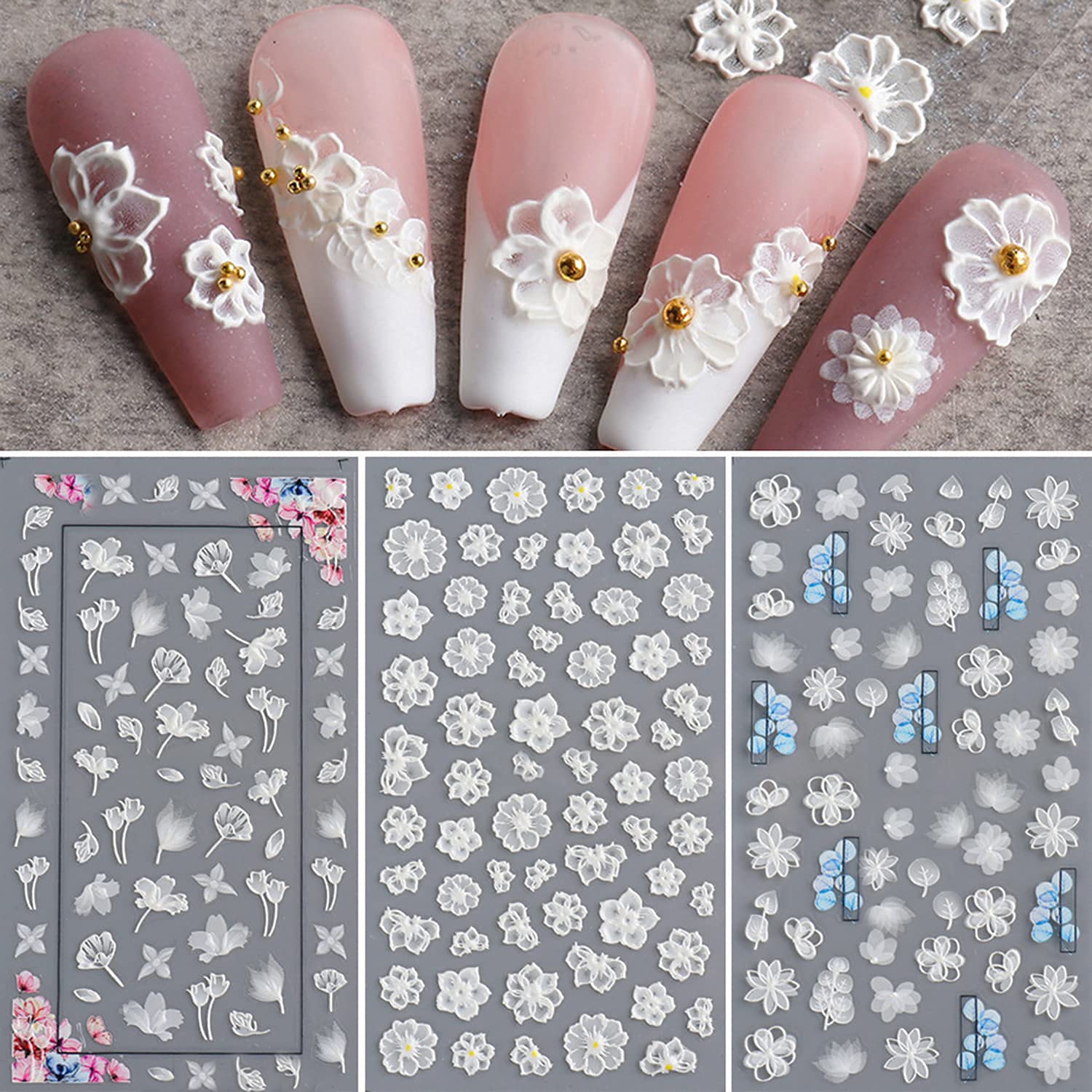 ELECDON Flower Nail Art Sticker Decals 5D Hollow Exquisite Pattern Nail Art Supplies Self-Adhesive Luxurious Nail Art Decoration White Feather Lace Flower Leaf Carving Design DIY Acrylic Nail Art