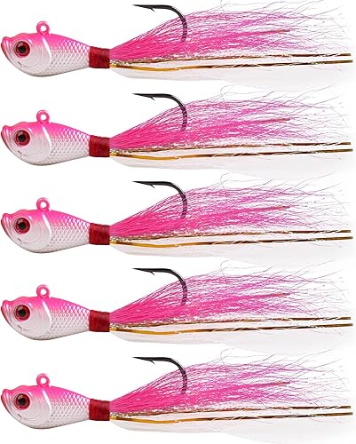 Miniatura 8 de Bucktail Jigs - Señuelo para agua salada, 5 piezas de cola de cubo para el pelo de la plantilla de Swimbait, cebo de Fluke Bait para lucioperca
