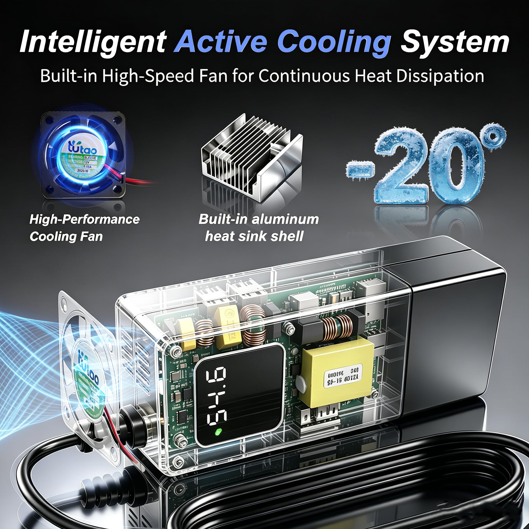 Chargeur 54,6V 2A pour Batterie Lithium 48V de vélo électrique | Affichage tension en temps réel, ventilateur intelligent, protections multiples, connecteur XLR 18mm