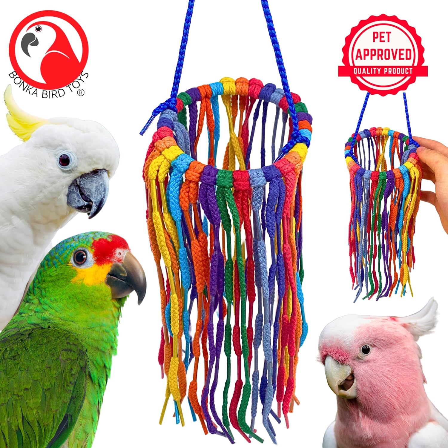 Bonka Bird Toys 51214 Small Aglet Heaven Cotton Shoelace Toy with Plastic Aglets and 2" Ring for Parakeets Cockatiels Quakers Pionus Small Bird Enrichment (Pack of 2)