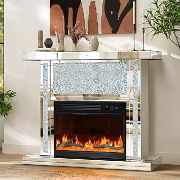 Crushed Diamond Mirrored Electric Fireplace with Mantel, Freestanding Fireplace Heater with Bluetooth Speaker, 7 Color 3D Flame Effects, Remote Control, Silver Fireplace for Living Room Bedroom&Corner