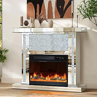 Verspiegelter Elektrokamin mit gebrochenem Diamant, Kaminaufsatz & Bluetooth-Lautsprecher, 7 Farben 3D-Flammeneffekt, Fernbedienung, silberner freistehender Kamin für Wohnzimmer, Schlafzimmer & Ecke