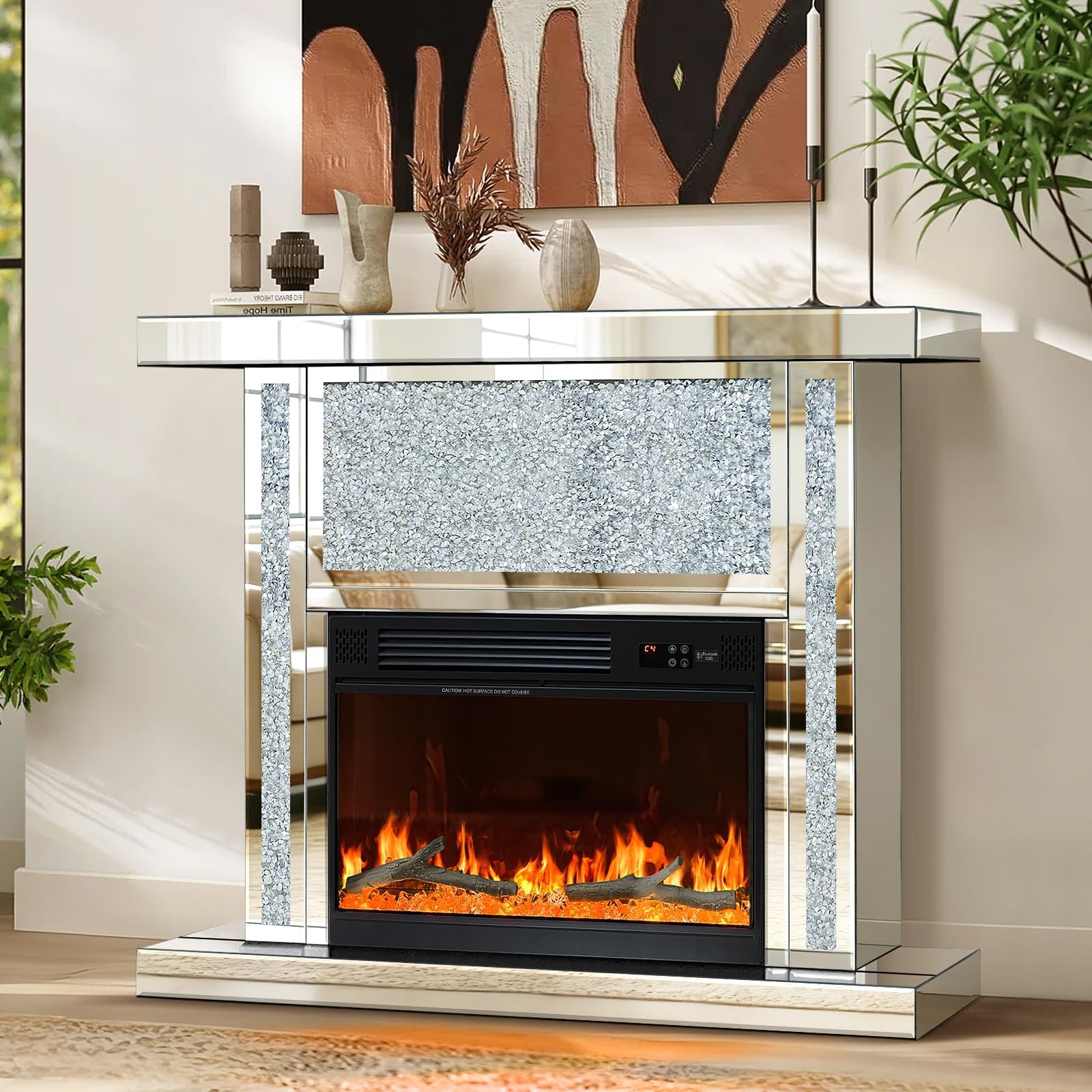 Verspiegelter Elektrokamin mit gebrochenem Diamant, Kaminaufsatz & Bluetooth-Lautsprecher, 7 Farben 3D-Flammeneffekt, Fernbedienung, silberner freistehender Kamin für Wohnzimmer, Schlafzimmer & Ecke