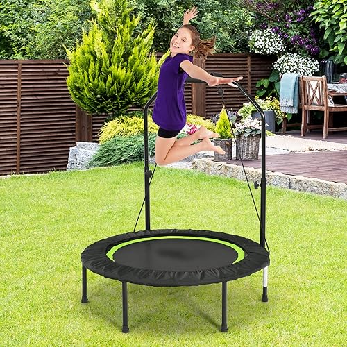 Miniatura 7 de GYMAX Trampolín para niños y adultos, 40 pulgadas, 330 libras, mini trampolín plegable con altura ajustable, bandas de resistencia y mango de