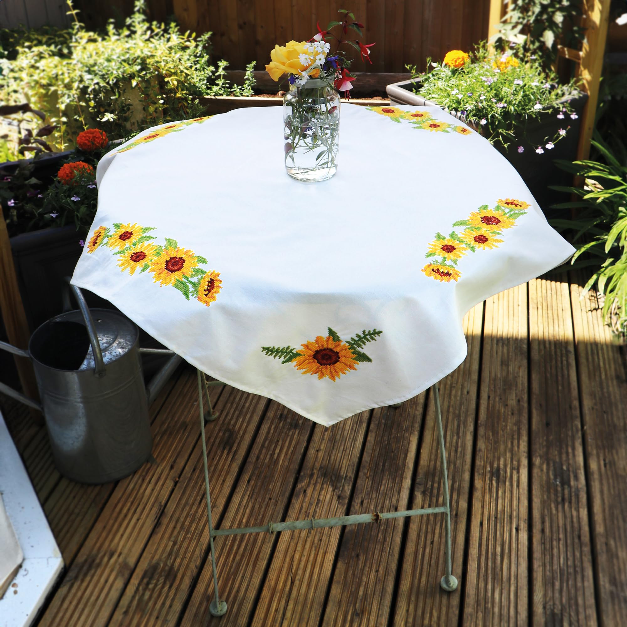 Trimits Kit per punto croce stampato, tovaglia – include tessuto stampato, fili, ago e istruzioni, 80 x 80 cm, girasoli