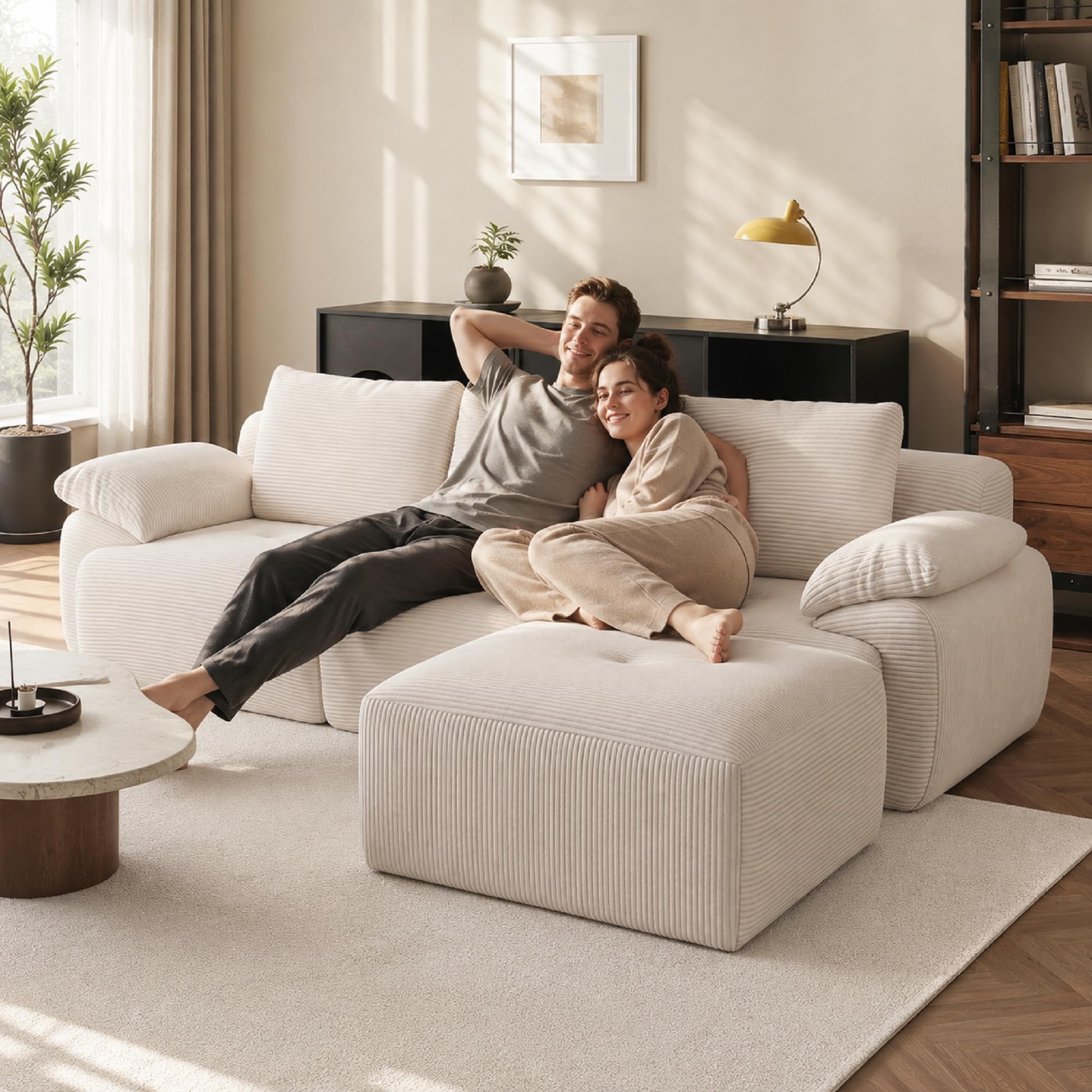 Sofá de esquina en forma de L, modular de 3 plazas, sofá apilable, combinable de forma flexible, tapizado en terciopelo acanalado, beige