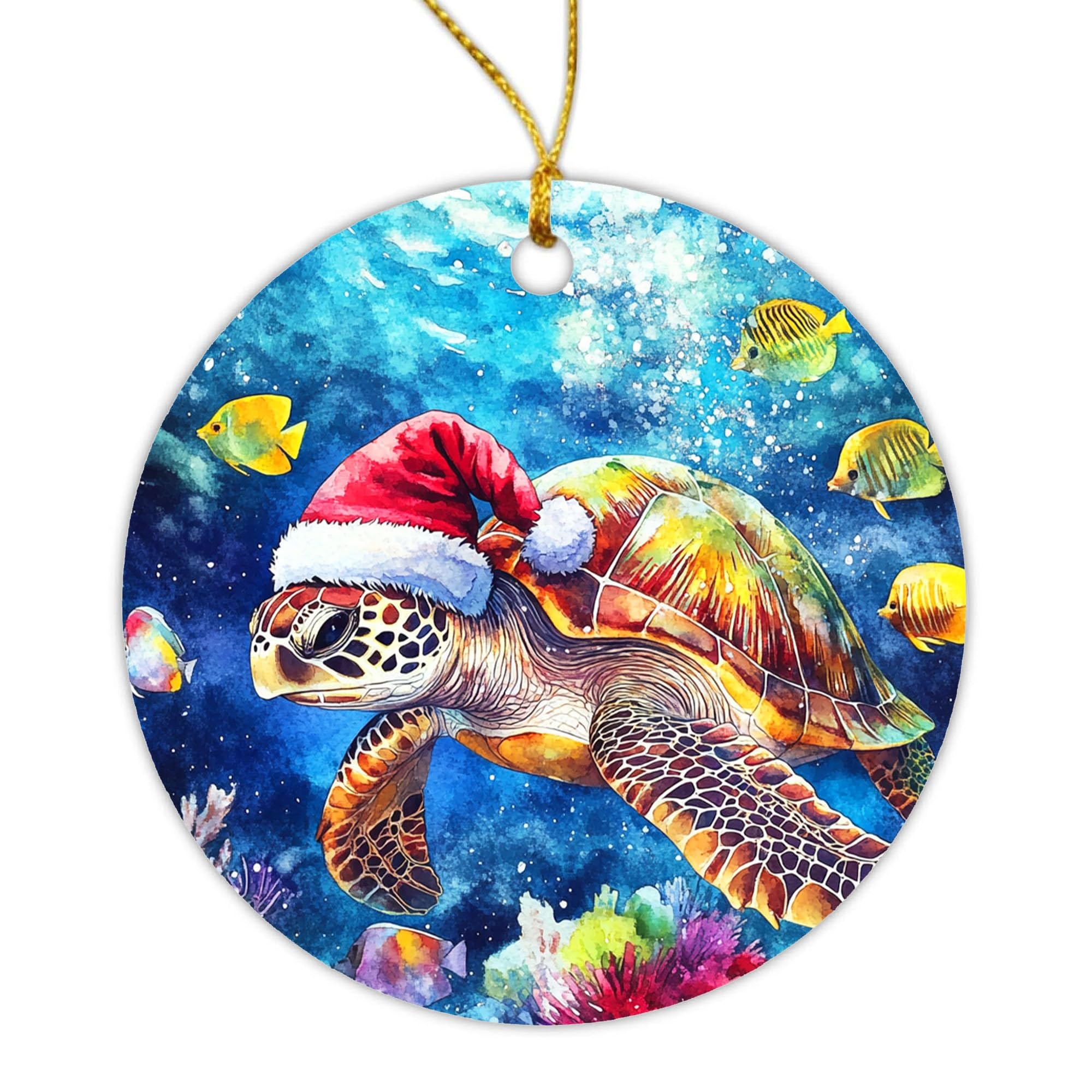 Generic Christmas Tree Ornament, Sea Turtle And Colorful Fish Swimming With Lanyard, Multicolored Ceramic, 7.3cm