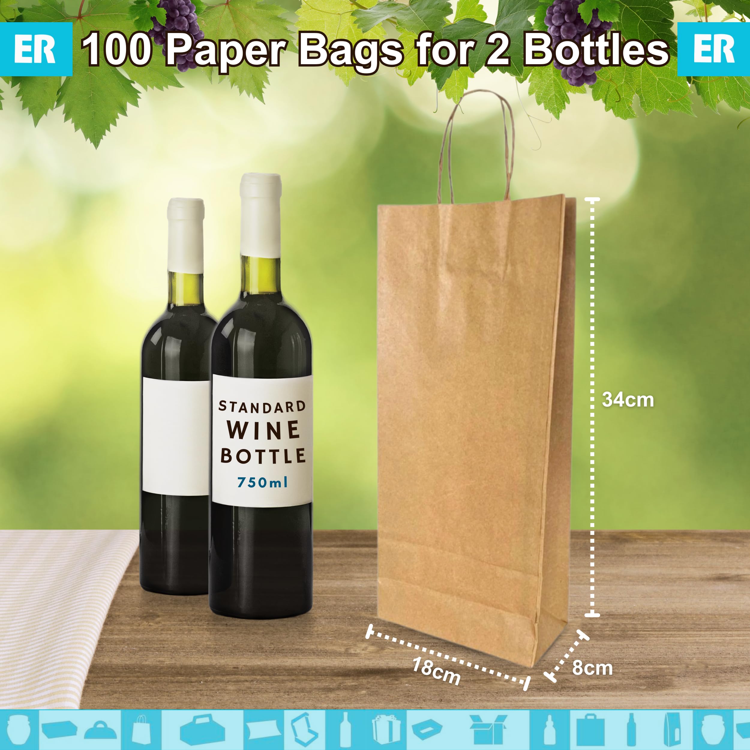 Espirito Rebelde 100 Bolsas para 2 Botellas de Vino 18x8x34cm | Diseño Elegante | Transporte Seguro con Asas Reforzadas | Ideal para Tiendas de Vino | Regalos: Navidad y Fiestas