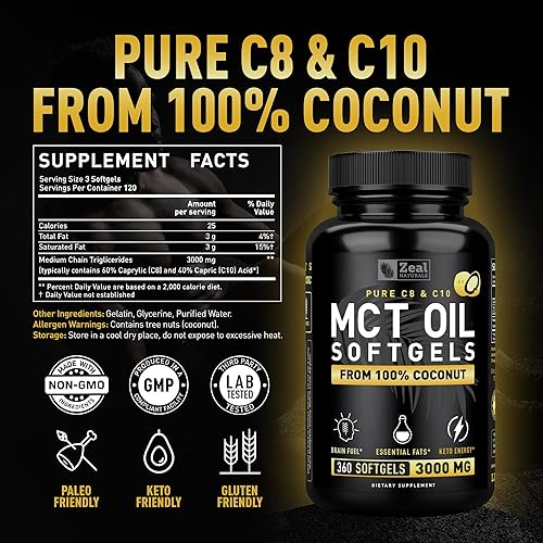 Miniatura 2 de Zeal Naturals Cápsulas de aceite MCT puro, 3000 mg, 360 cápsulas blandas | Aceite C10, C8 MCT coco sin refinar | Suplemento de apoyo energético y