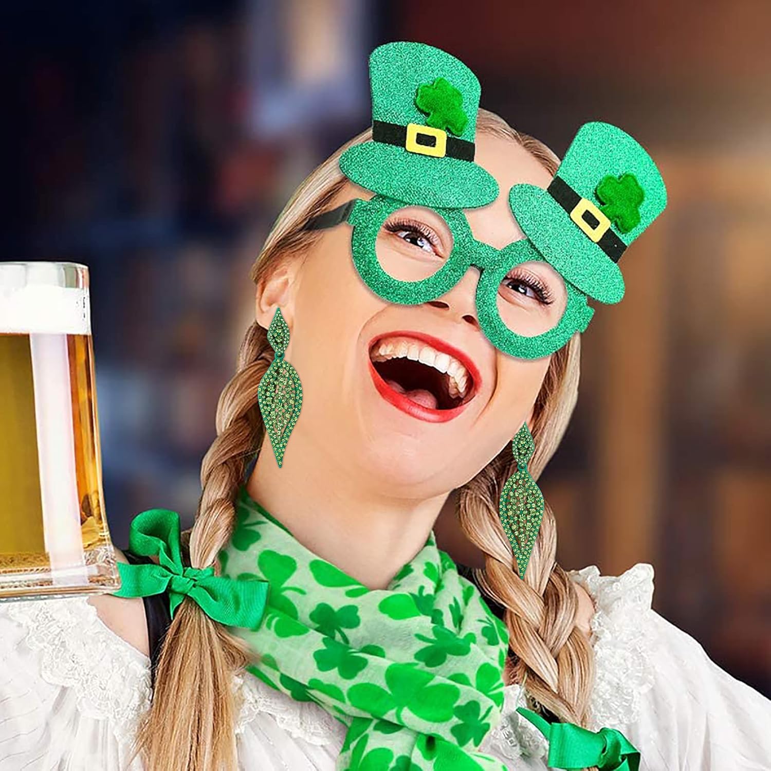 EVER FAITH Costume Party Jewelry 2 Leaf Round Crystal Hollow-out Pierced Chandelier Dangle Earrings for Women - Image 4